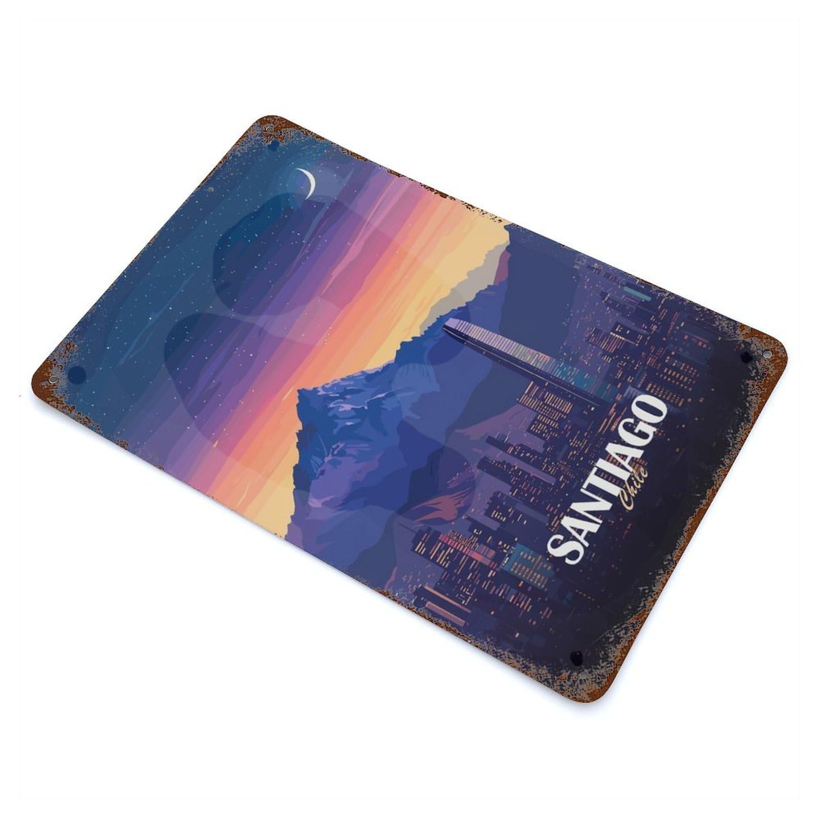 Rust Effect Santiago, Chile Cityscape at Night Vintage Rust Metal Sign 11.8"x7.9", Vintage Wall Decor for Garage, Bar And Workshop Decor