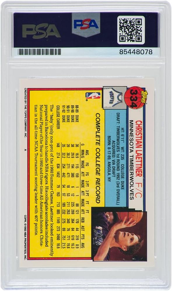Christian Laettner Signed Timberwolves 1992-93 Topps Rookie Basketball Card #334 - (PSA Encapsulated)