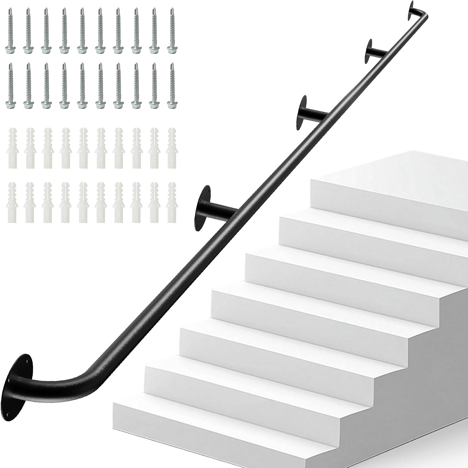 12FT Industrial Metal Stair Handrail, Heavy Duty Stair Handrail for Indoor & Outdoor Steps, Wall Mounted Railing, Metal Staircase Hand Rail Matte Finish (Black, 12ft)