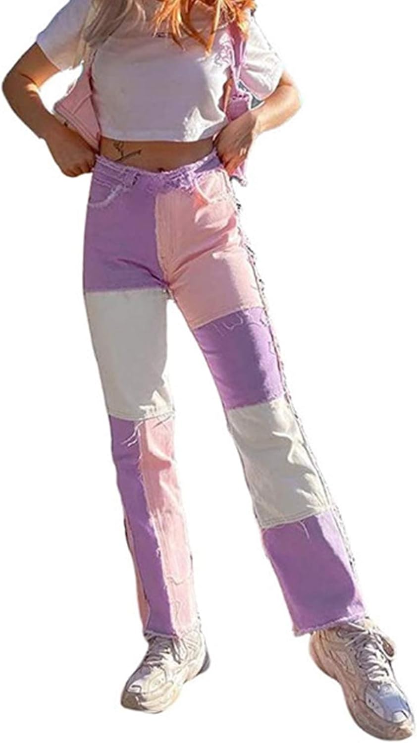 Dames patchwork bell bottom broek, hoge taille distressed rechte denim  jeans, modieuze colour block broek voor dagelijks leven vrijetijdskleding  (S,Pink) : Amazon.nl: Kleding, schoenen \u0026 sieraden