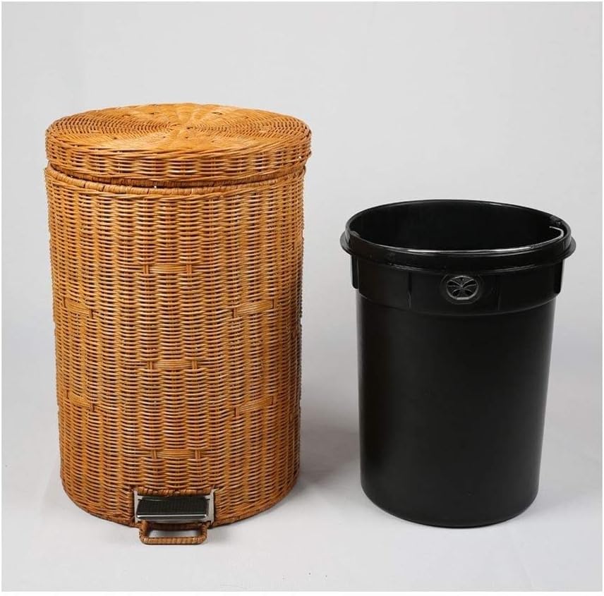 Indoor Trash cans Handmade Rattan Trash Can Home European Style with Cover Mute Pedal Creative Kitchen Bathroom Living Room Bedroom Tube Indoor Garbage cans(5L)