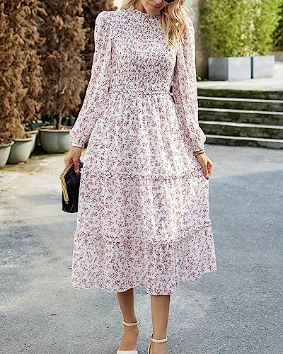 Image of NOLLSOM Women 2026 Spring Dress Floral Boho Dress Casual Long Sleeve Crew Neck Ruffle A-Line Flowy Wedding Guest Maxi Dresses