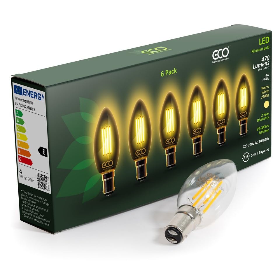 ECO 40W Equivalent 4W LED Filament Candle Light Bulb, 470 Lumens, Warm White 2700K, B15 Small Bayonet, 25,000hrs Lifetime. (6xPACK)