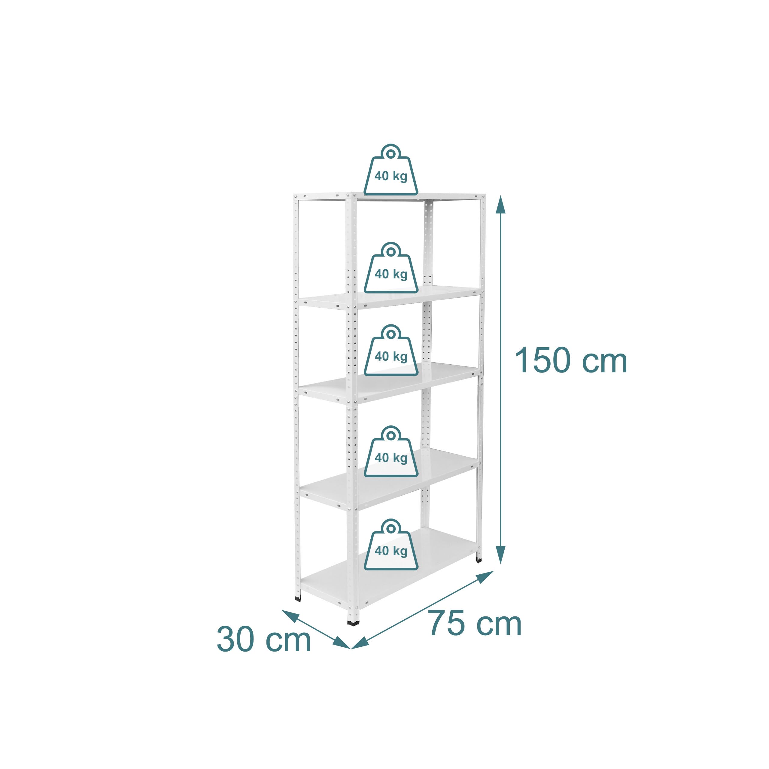 Relaxdays Scaffale in Acciaio Bianco, 5 Ripiani, 150x75x30 cm, Portata 200 kg, Cantina, Garage, Officina