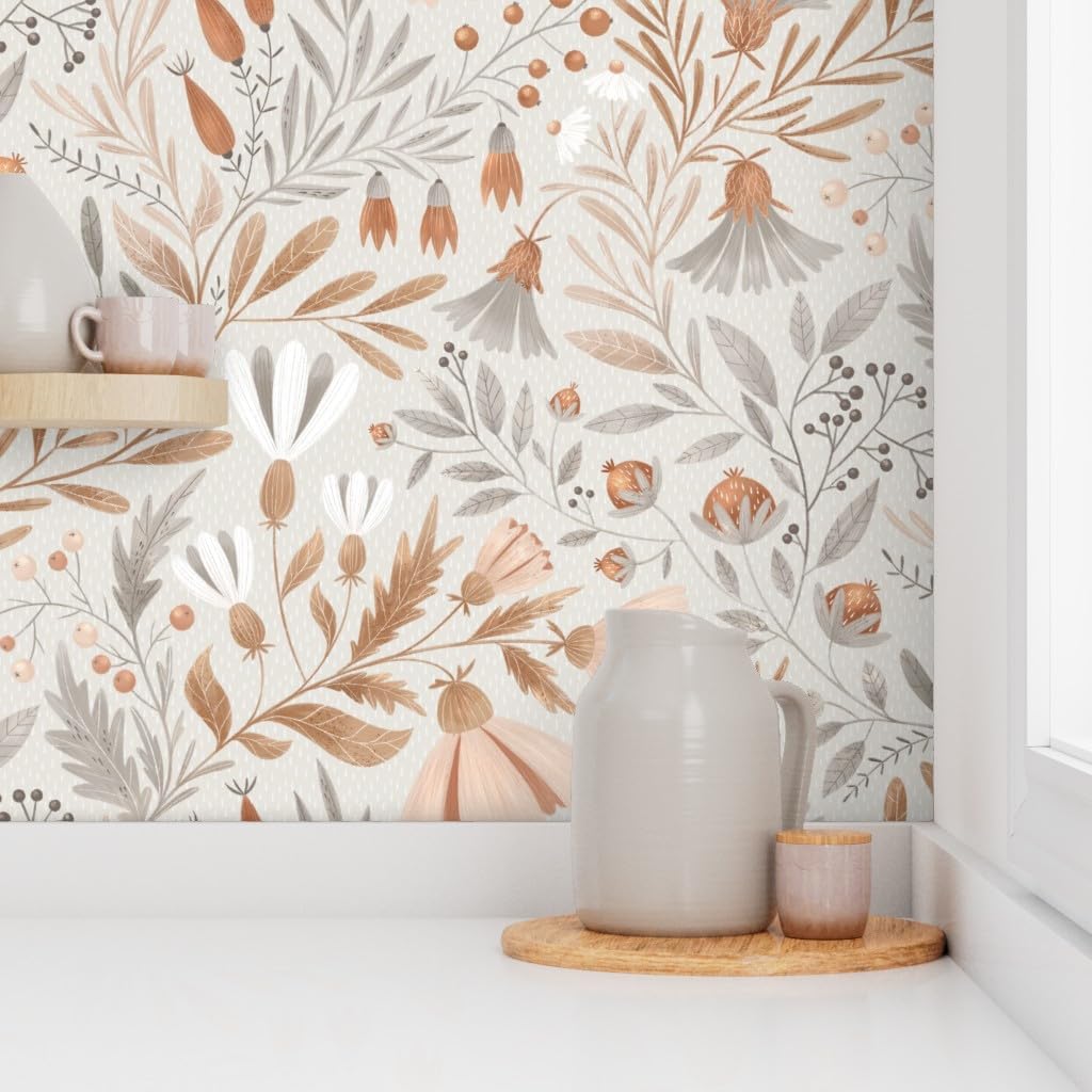 Spoonflower Peel & Stick Wallpaper 3ft x 2ft - Beige Grey Neutral Botanicals Floral Tan Warm Custom Removable Wallpaper