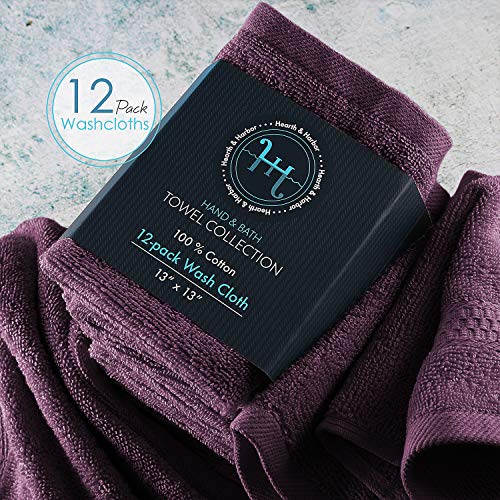 Image of Hearth & Harbor Washcloths 12 Pack - 100% Cotton Washcloth for Body and face, High Absorbent and Soft 13 inchx13 inch Body Wash Cloth, Quick Dry - Purple Washcloths