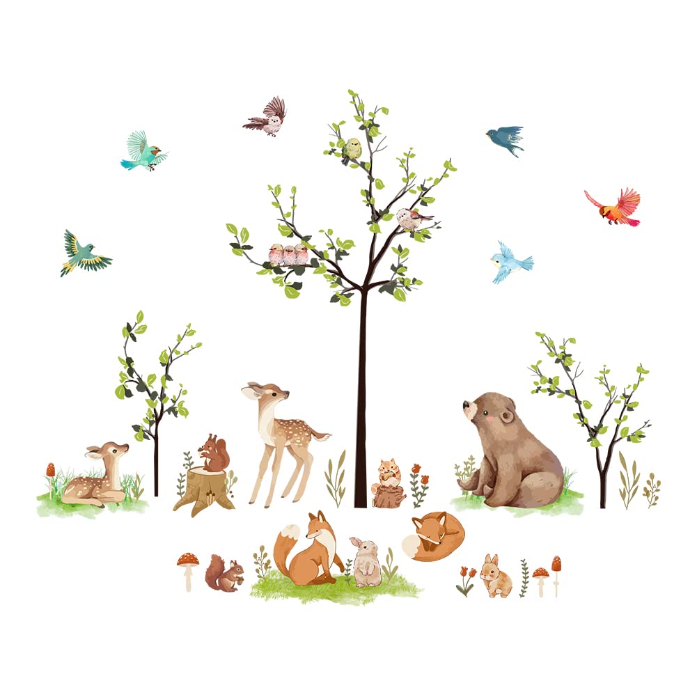 SUPERDANT Woodland Tree Animals Wall Stickers Deer Bear Decals Birds Fox Wall Stickers Rabbit DIY Vinyl Art TV Wall Decor for Nursery Kids Bedroom Kindergarten Zoos