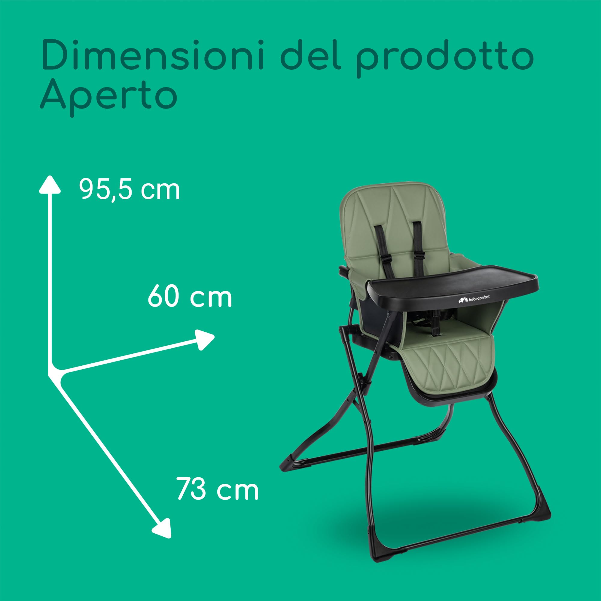 Bebeconfort Lily Seggiolone pappa bimbo, 6 mesi-3 anni, 9-15 kg, Seggiolone Pappa Pieghevole Viaggio, Seggiolone leggero (4 kg), Facile da pulire, Seduta Imbottita, Mineral Green