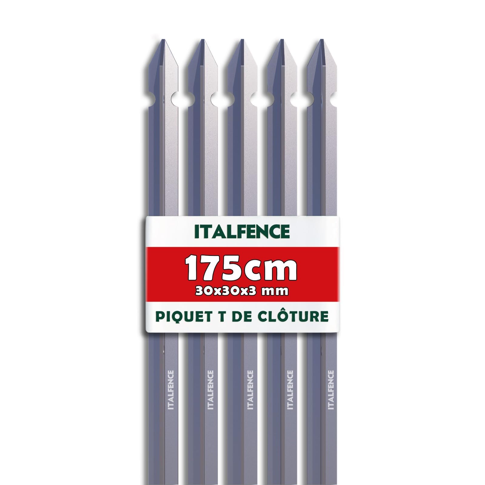 Piquet T H175cm 30x30x3mm pour clôture en fer galvanisé [5 pièces]