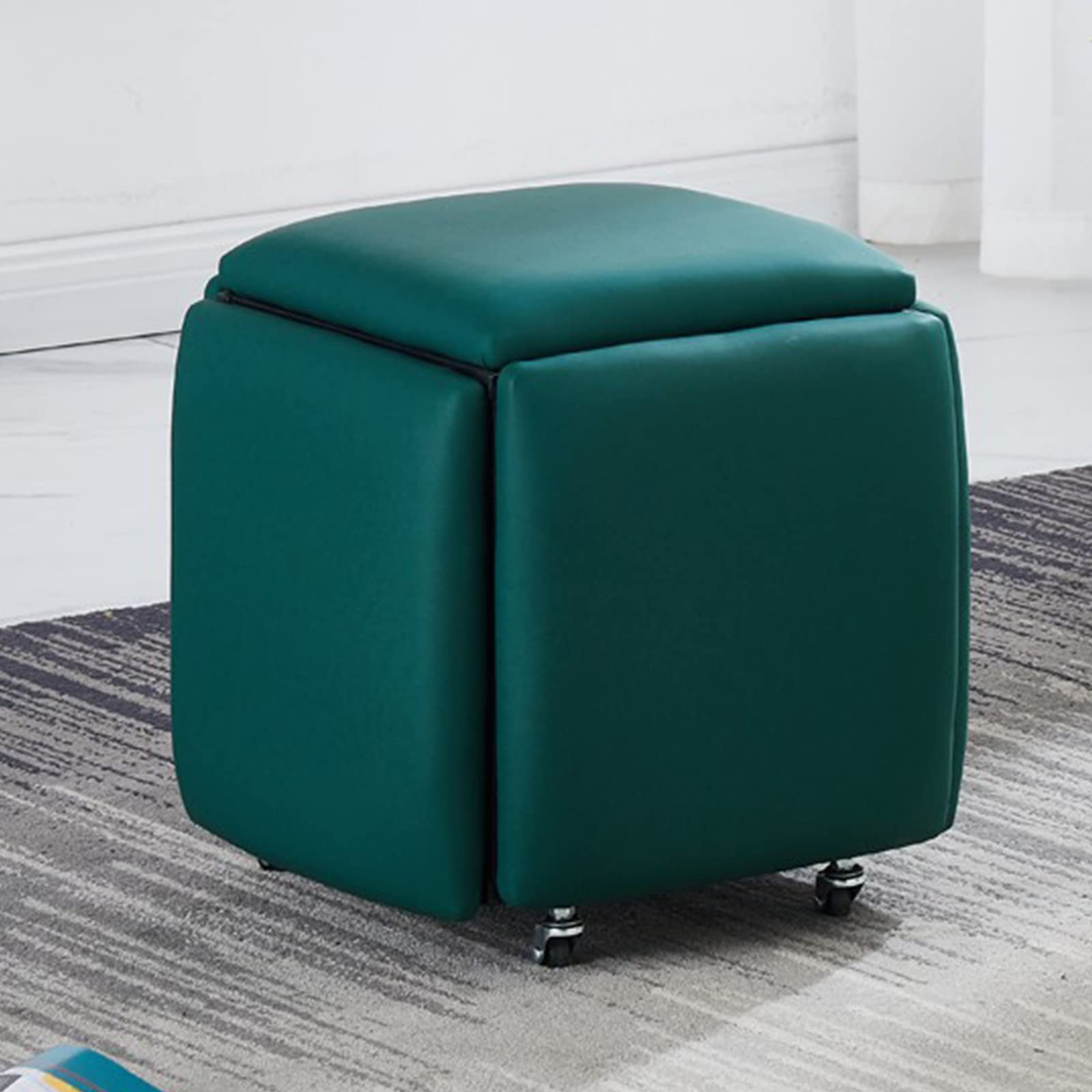 Tabouret de pied combiné empilable avec roulettes, banc ottoman carré cuir vert