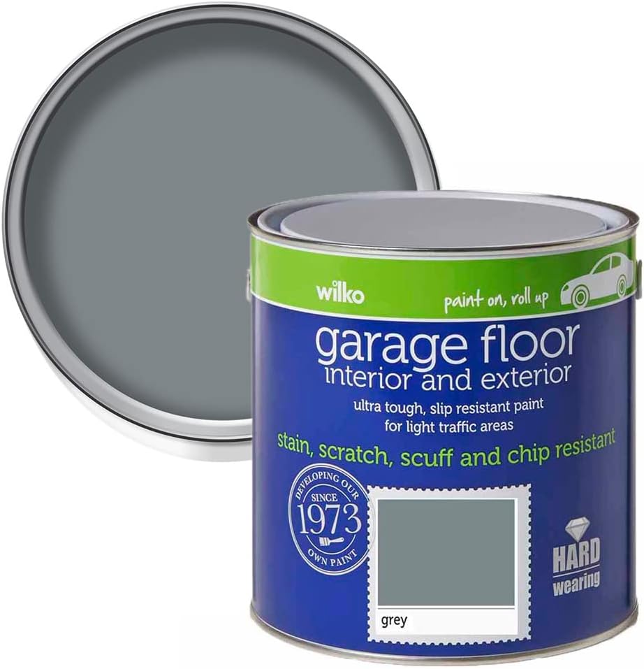 wilko Garage Floor Paint Grey - Hardwearing - Stain & Scruff Resistant Paint - Interior and Exterior - Satin Finish - Slip Resistant - Fast Results - 2.5L
