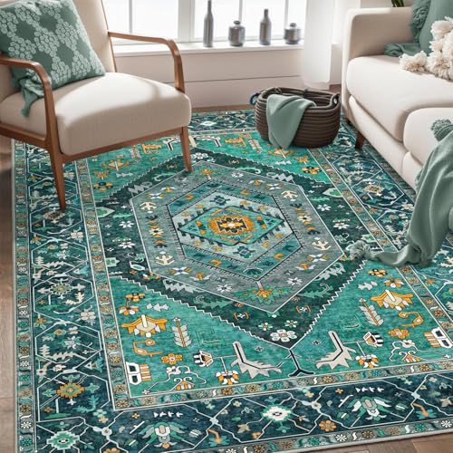 SERISSA Bedroom Rug 4x6 Teal Boho Rug, Vintage Washable Area Rugs Non Slip, Ultra Soft Print Distressed Tribal Entry Rug Low-Pile Throw Carpet for Nursery Dorm Kitchen Living Room Decor