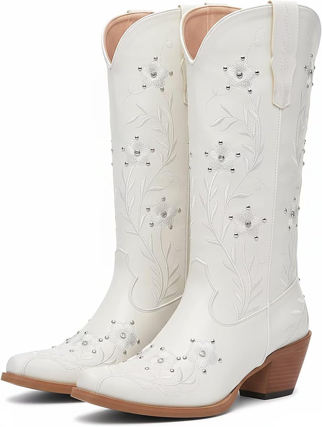Agodor Cowboy Boots For Women Pearl Cowgirl Ladies Knee High Boots with Classic Embroidery Pointed Toe Chunky Heel Pull On Fashion Dress Pearl Wedding Western Booties - Image 8