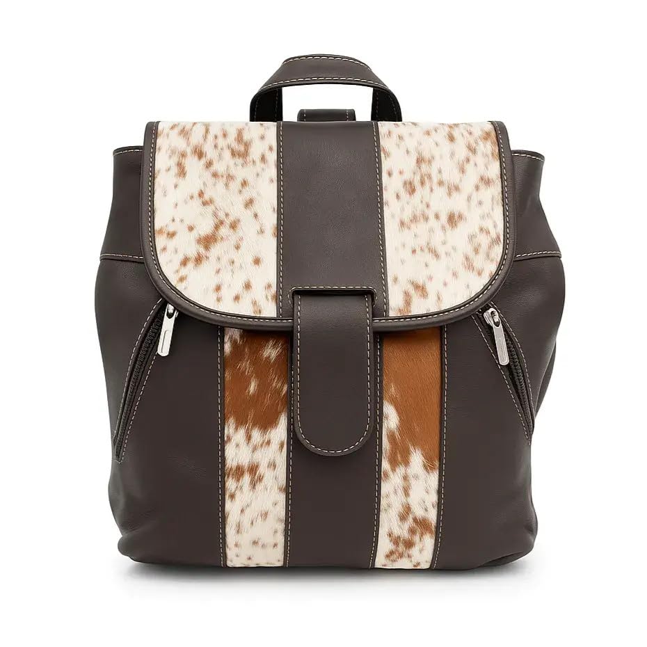 Trahide – Backpack Cowhide Hair-On & Brown Leather | Rustic Panel Design & Side Zippers – 14” x 13” Inches - Option 12