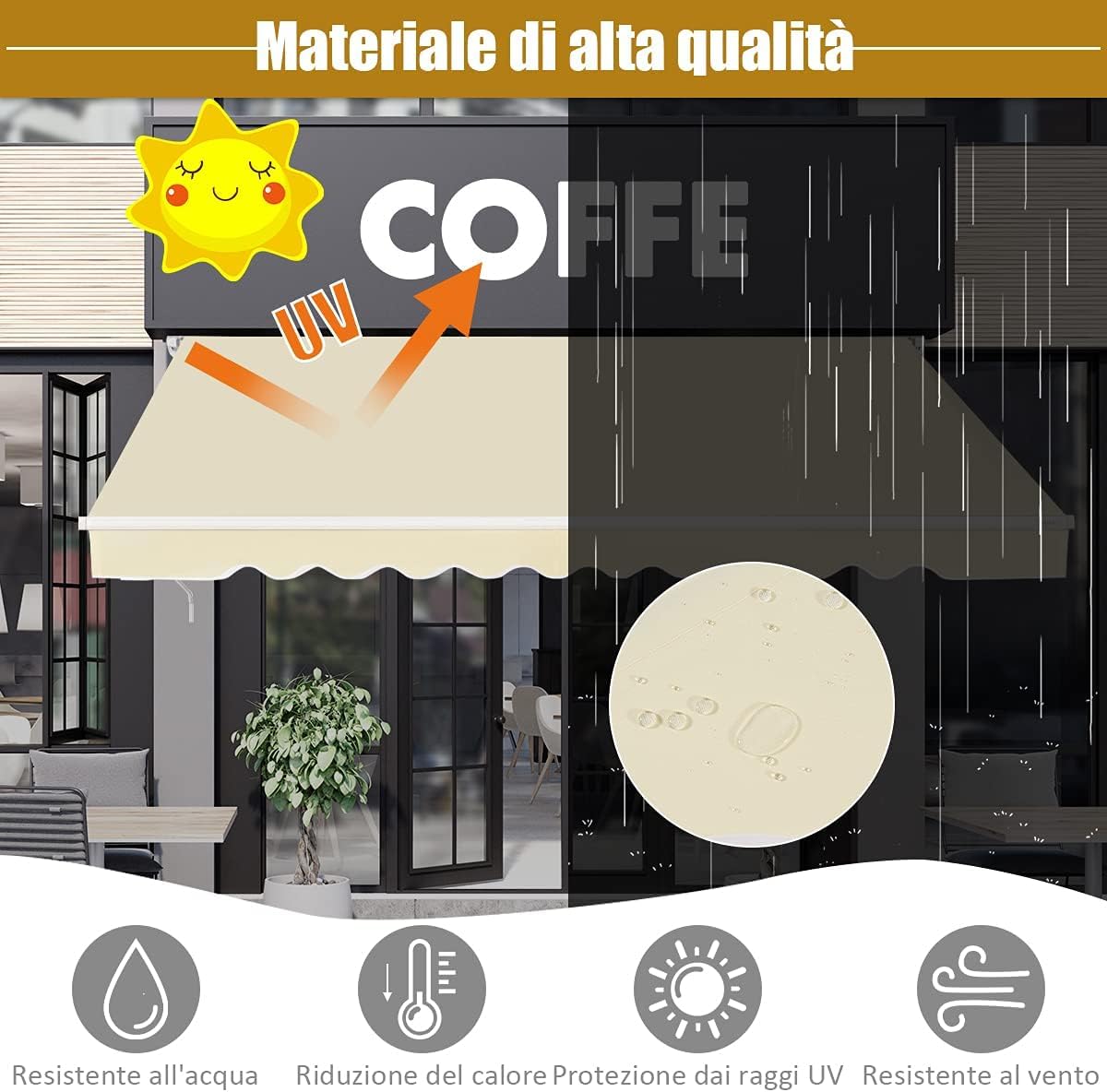 GYMAX Tenda da Sole per Esterno a Bracci Estensibili, Tende da Sole con Manovella, con Tettuccio Impermeabile e Protezione Solare, Tenda da Sole Angolo regolabile Avvolgibile (Beige, 3 m x 2,5 m)