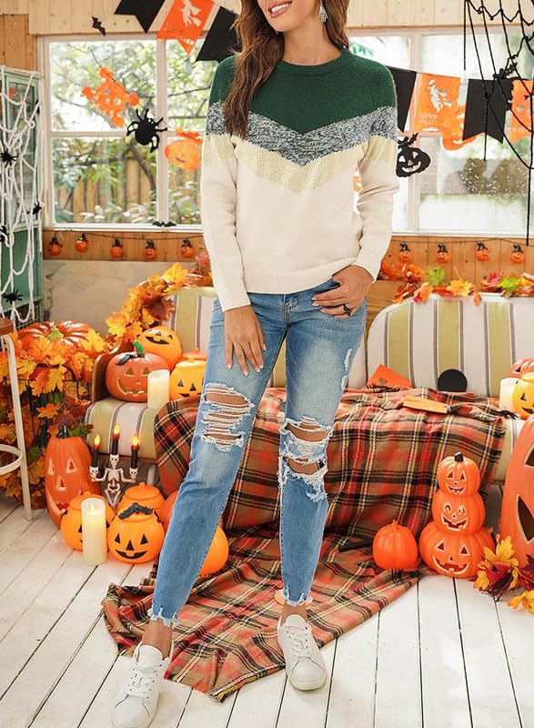 Image of Dokotoo Womens Color Block Sweaters Long Sleeve Pullover Knit Tops
