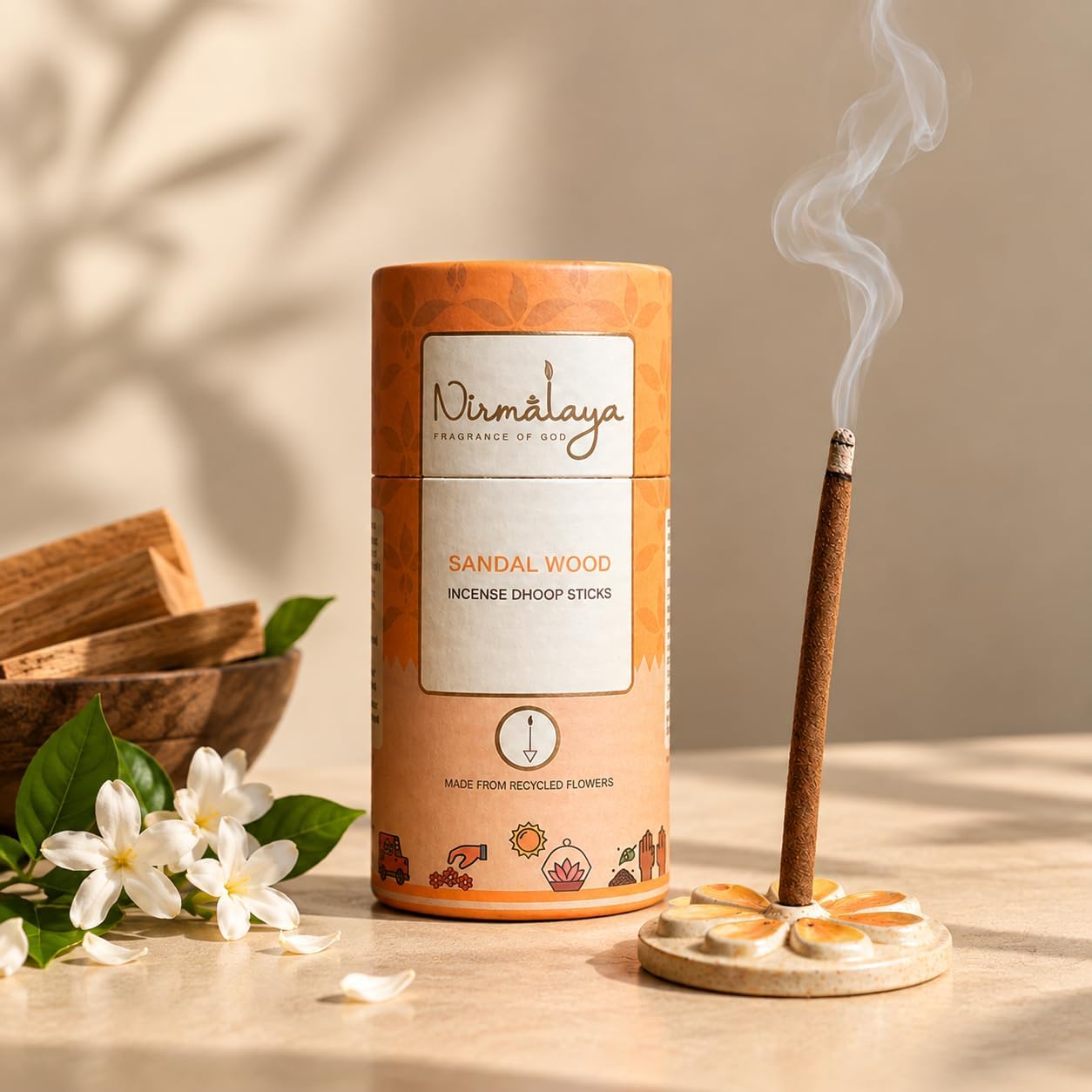 Nirmalaya 100% Natural Mysore Sandalwood Dhoop Sticks for Pooja 40 Sticks | Bamboo Less Dhoop Sticks for Home/Office | Dhup for Puja with Holder Stand | Best for Long Lasting Fragrances