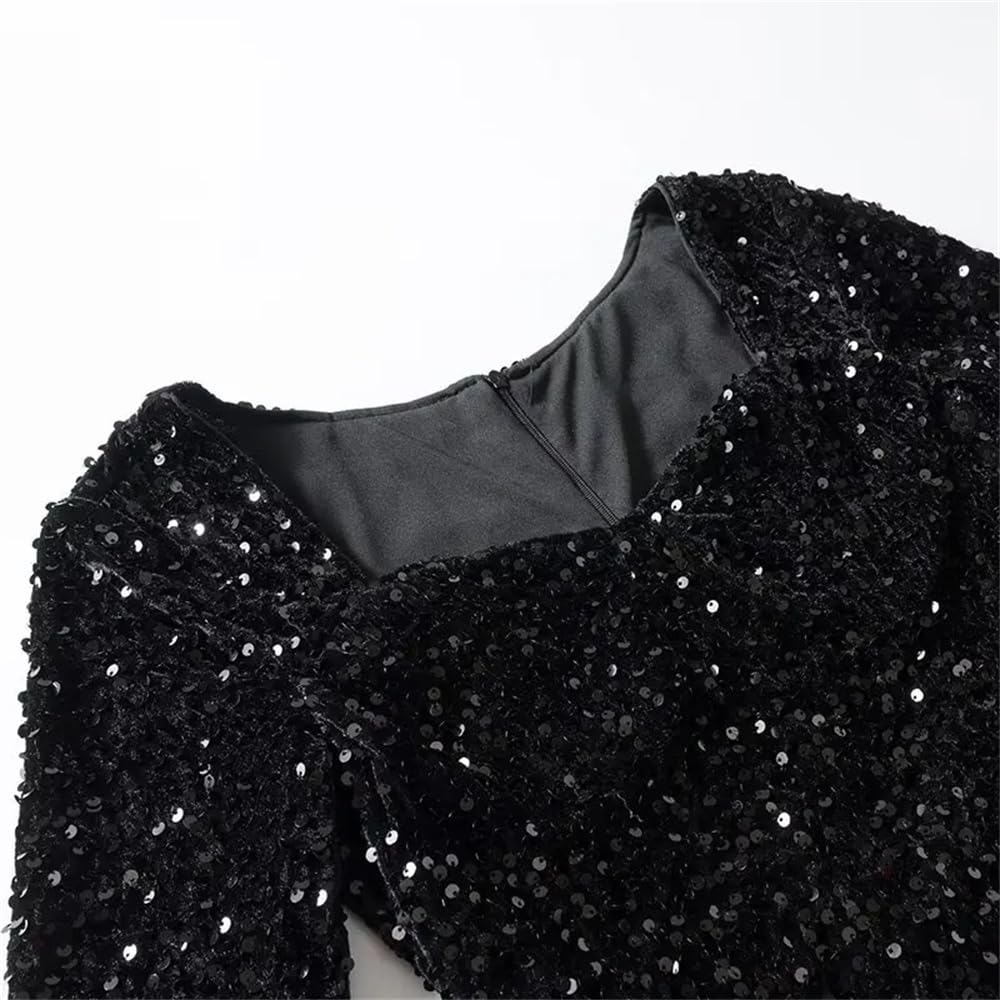 Fulbant Vestido de fiesta con lentejuelas para mujer, cuello corazón, manga larga, ajustado, vestido corto acampanado