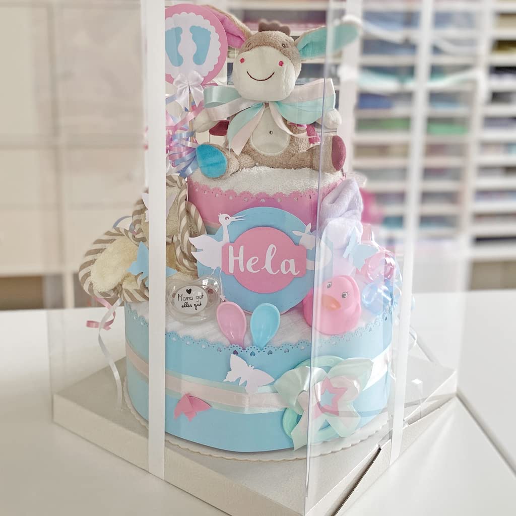 Gâteau de couches neutre 2 étages bleu-rose XL Cadeau de naissance