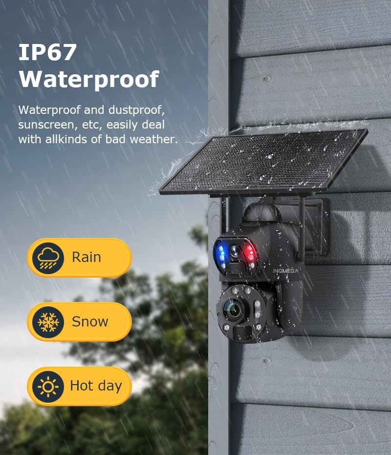 Image showing the INQMEGA camera mounted outdoors in various weather conditions (rain, snow, hot day) to demonstrate its IP67 waterproof rating.