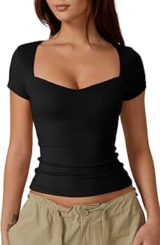 ★andar★ Soften tension neck point short sleeve crop tee QINSEN Sexy Womens Sweetheart Neck Tee Shirts Short Sleeve