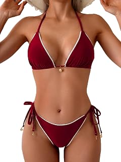Women's Halter String Triangle Bikini Sets Lace Trim Two Piece Swimsuit Cheeky Swimwear Bathing Suit
