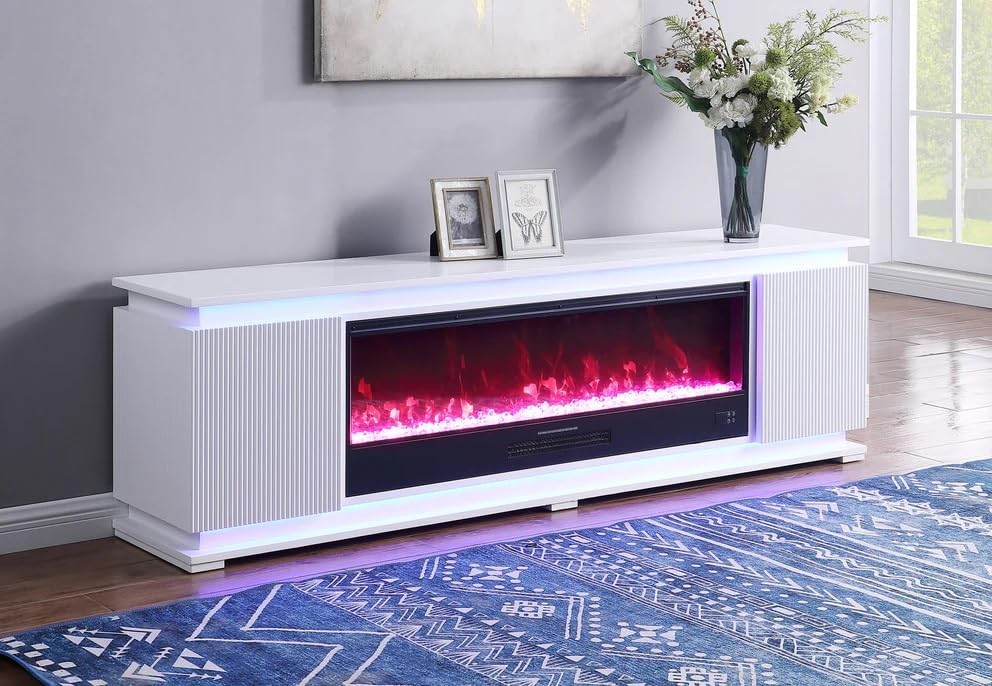 First of a Kind Harlow Electric Fireplace TV Stand - Modern LED Entertainment Center with Fluted Side Panels & Sleek Matte Finish - Includes Two Doors, Two Shelves Inside, White