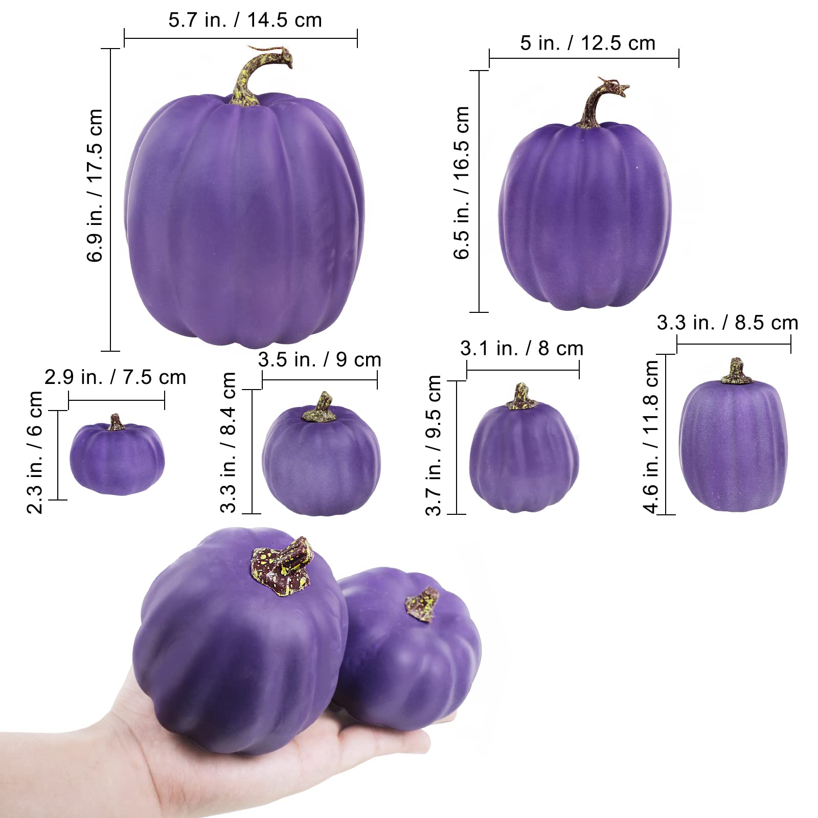 Winlyn 7 calabazas artificiales moradas de varios tamaños, calabazas decorativas de Halloween, calabazas de espuma para regalos, Halloween, Acción de Gracias, otoño, boda, centro de mesa, decoración
