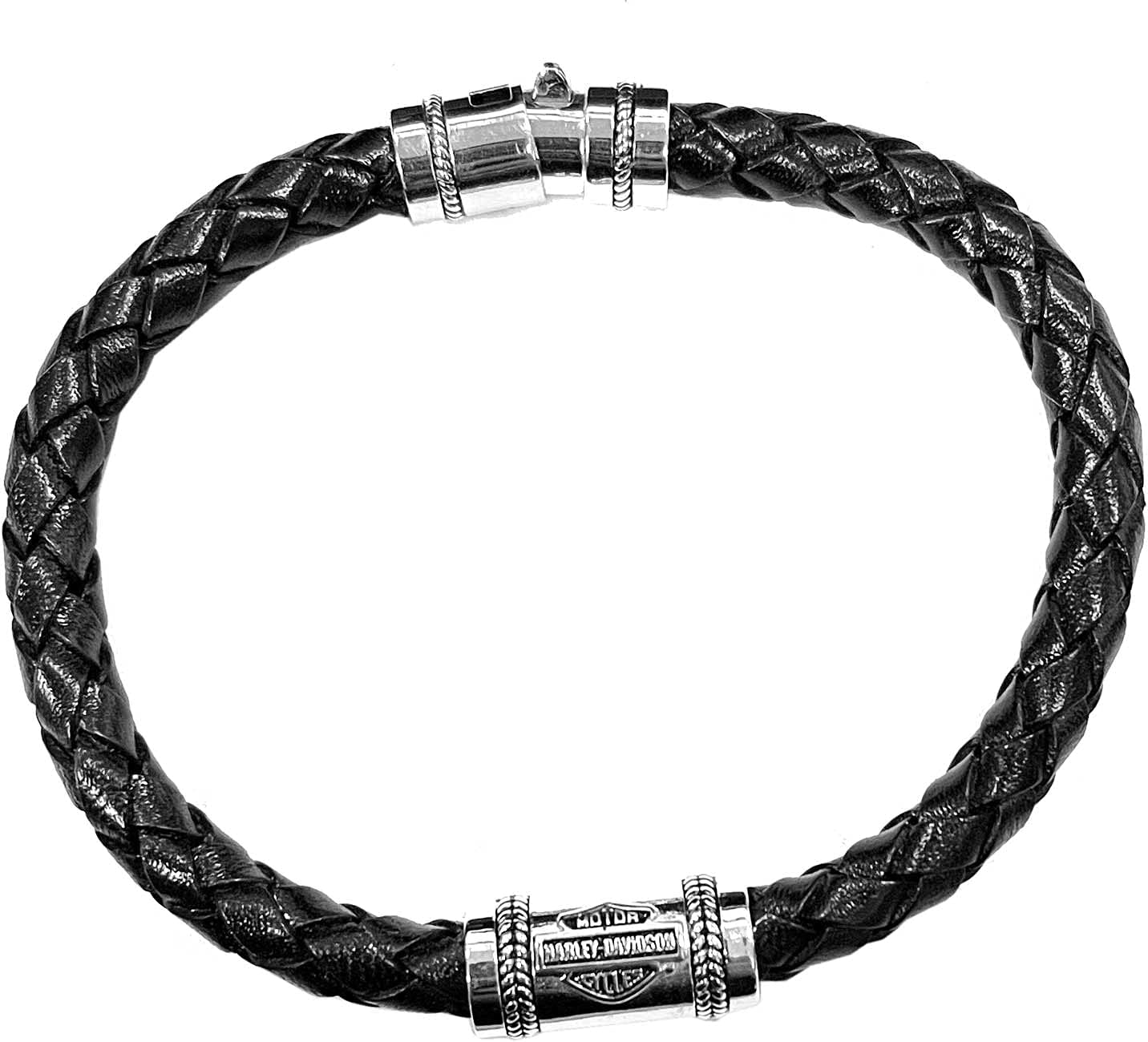 Harley-Davidson Men's Leather Silver Bar & Shield Rope Bracelet, Black HDB0376