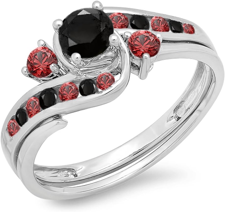 Dazzlingrock Collection 10K Solid Gold Round Black Diamond & Red Ruby Womens Swirl Bridal Engagement Ring Band Set