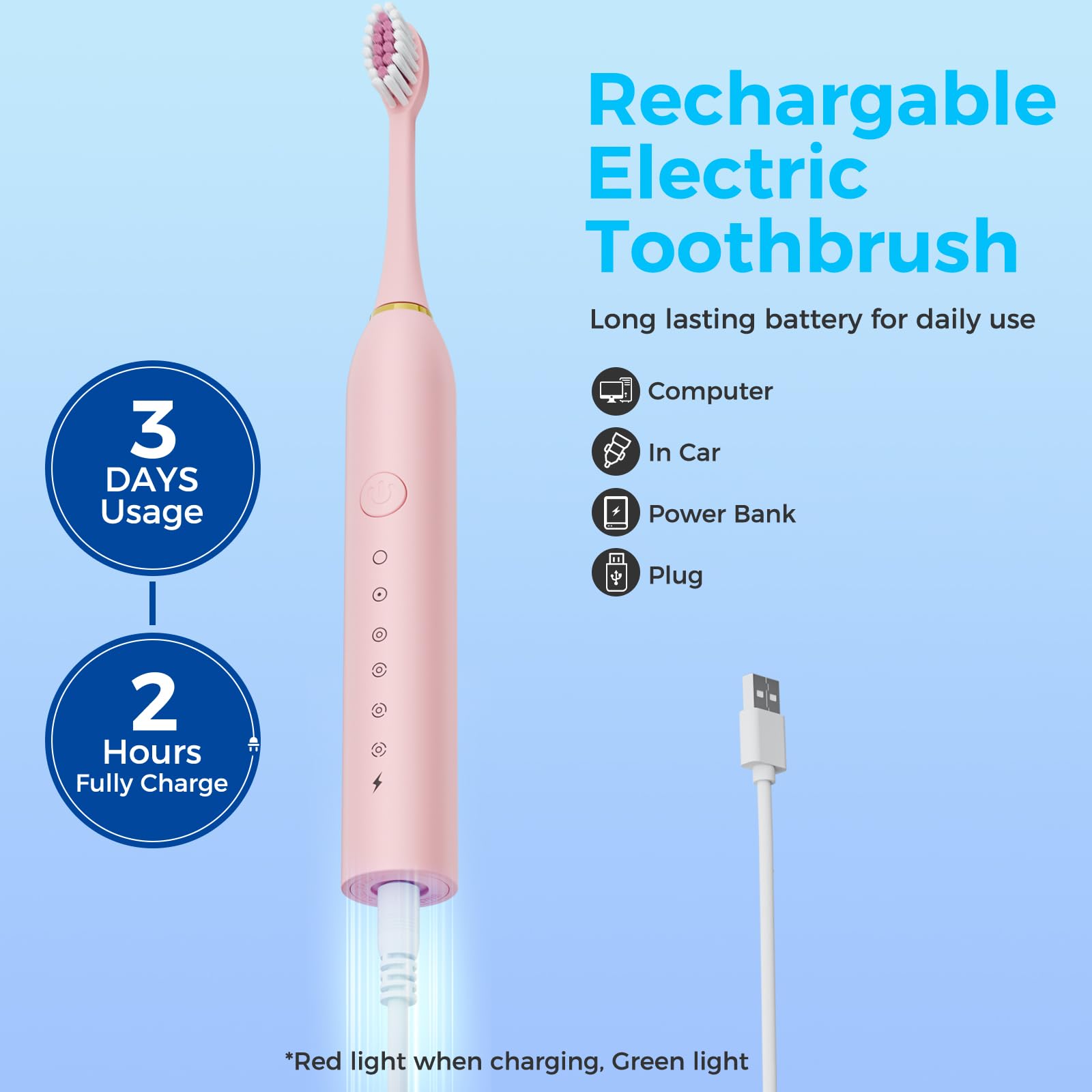 Dnil Juego de 3 cepillos de dientes eléctricos sónicos, 42000 VPM vibraciones de alta frecuencia para limpieza profunda, 6 modos de cepillado con temporizador inteligente, 12 cabezales de cepillo de