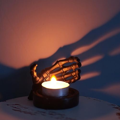 Miniatura 5 de Decoración de portavelas de Halloween, adorno de candelabro de mano de esqueleto de resina, soporte de vela de Halloween gótico aterrador,
