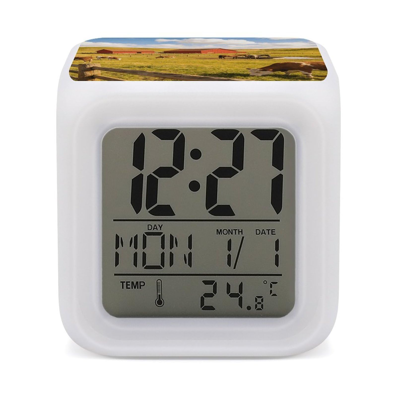 LZQPOEAS Ranch Alarm Clock with 7 Color Changing Nightlight for Bedroom Calendar Temperature Display Wake Up Digital Clock Small Desk Clocks for Heavy Sleepers Adults