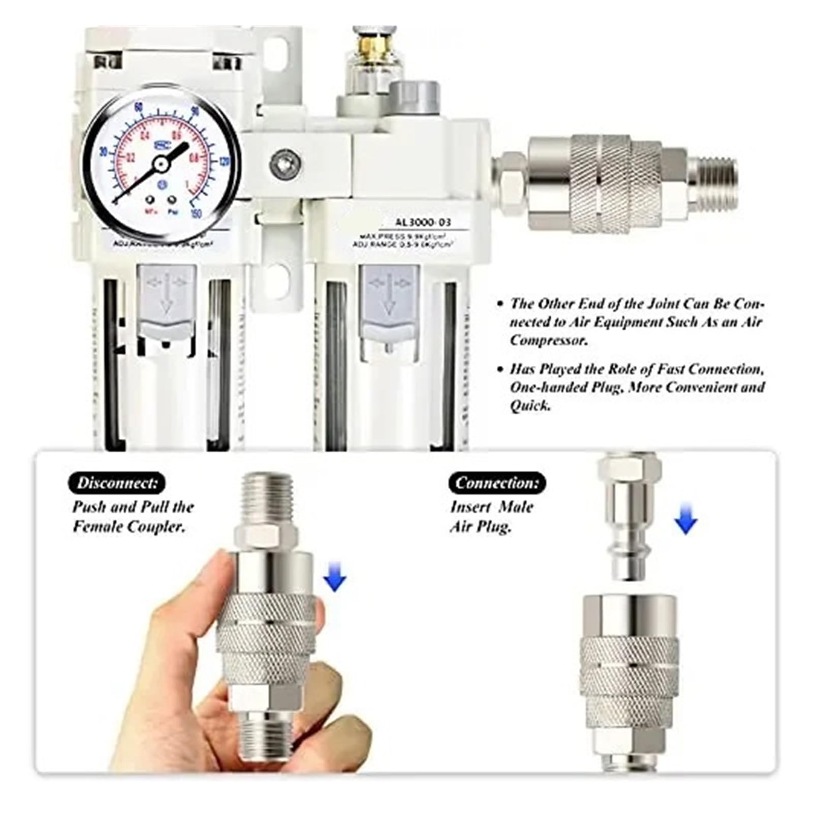 1 cm NPT/BSPP regulator ciśnienia filtra powietrza, separator wody/oleju, narzędzie kombinowane, kompresor z manometrem AC3010-03 (BSPP, automatyczny drenaż)