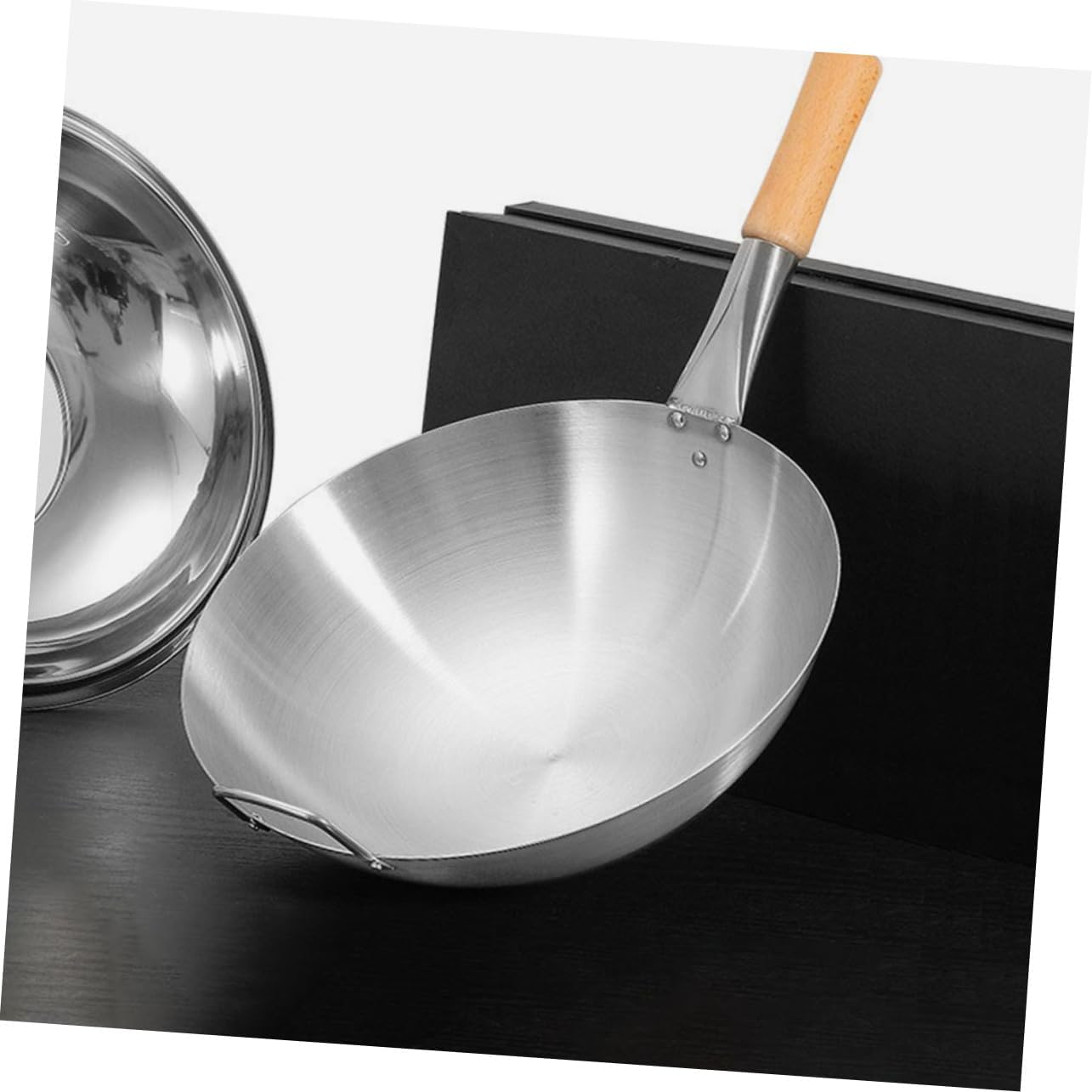 VALICLUD Stainless Steel Wok with Wooden Handle Cooking Pan for Stir Fry Hot Pot and Frying Ergonomic Design for Home Kitchen and Restaurant Use