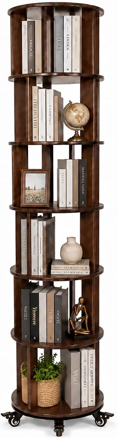 6 Tier Solid Wood Rotating Bookshelf Tower, 360° Spinning Bookshelf with Lockable Wheels for Small Spaces, Corner Tall Floor Standing Round Bookcase for Bedroom, Study, Living Room, Walnut