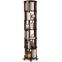 6 Tier Solid Wood Rotating Bookshelf Tower with Wheels, Walnut | 360 Spinning Bookshelf, Large Capacity, 5 Lockable Wheels, For Small Space Corner, Tall Floor Standing Round Bookcase