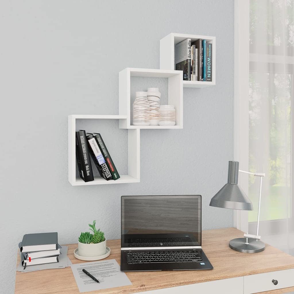 Set di 3 mensole da parete cubiche bianche, moderne mensole sospese in legno, scaffali a cubo ad incastro per soggiorno e corridoio, mensole decorative da parete, 68 x 15 x 68 cm