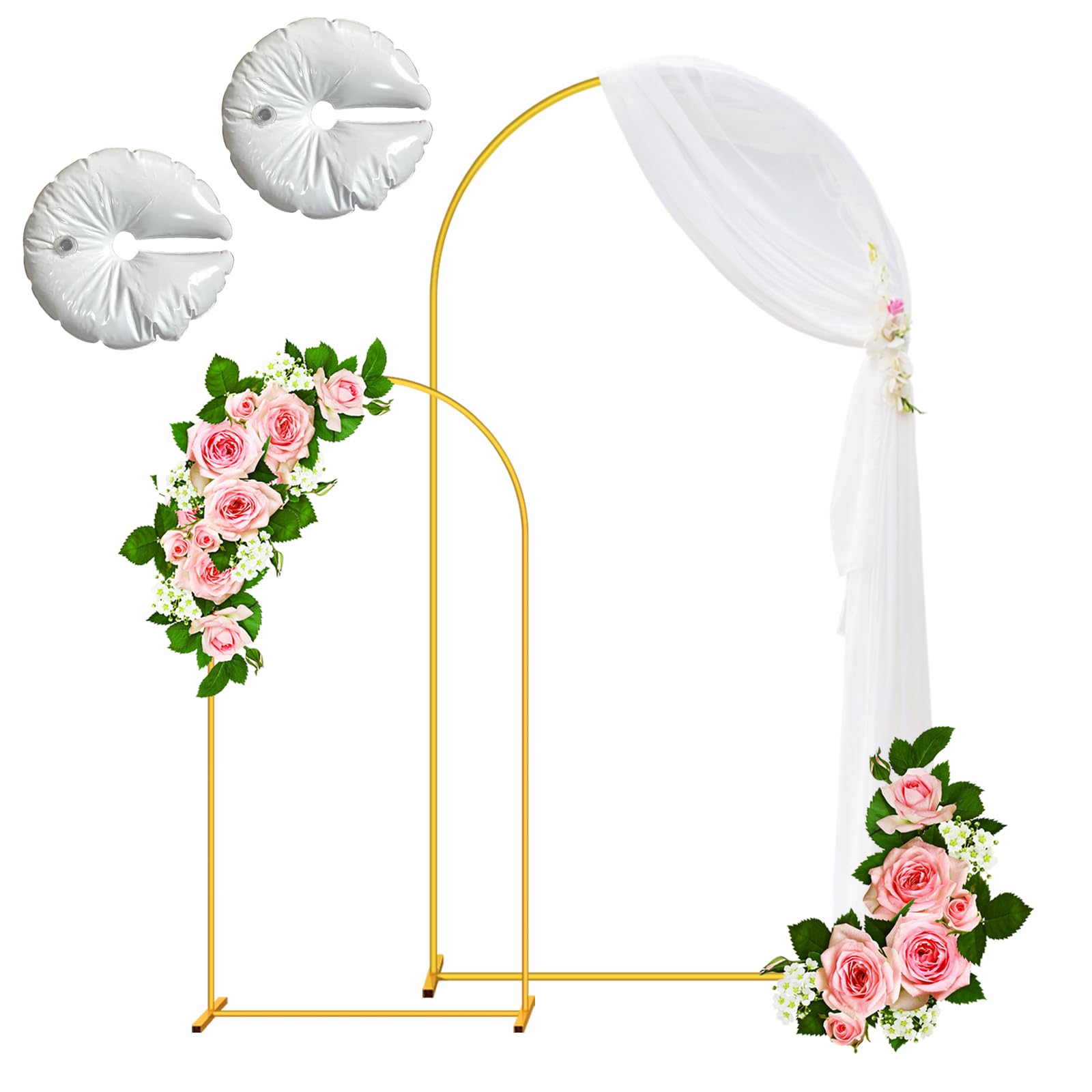 Arch Backdrop Stand Set of 2 Metal Wedding Arch Stand 7.2FT+6FT, Gold Arched Backdrop Frame Stand Kit for Birthday Party Baby Shower Photo Graduation Ceremony Balloons Floral Decoration
