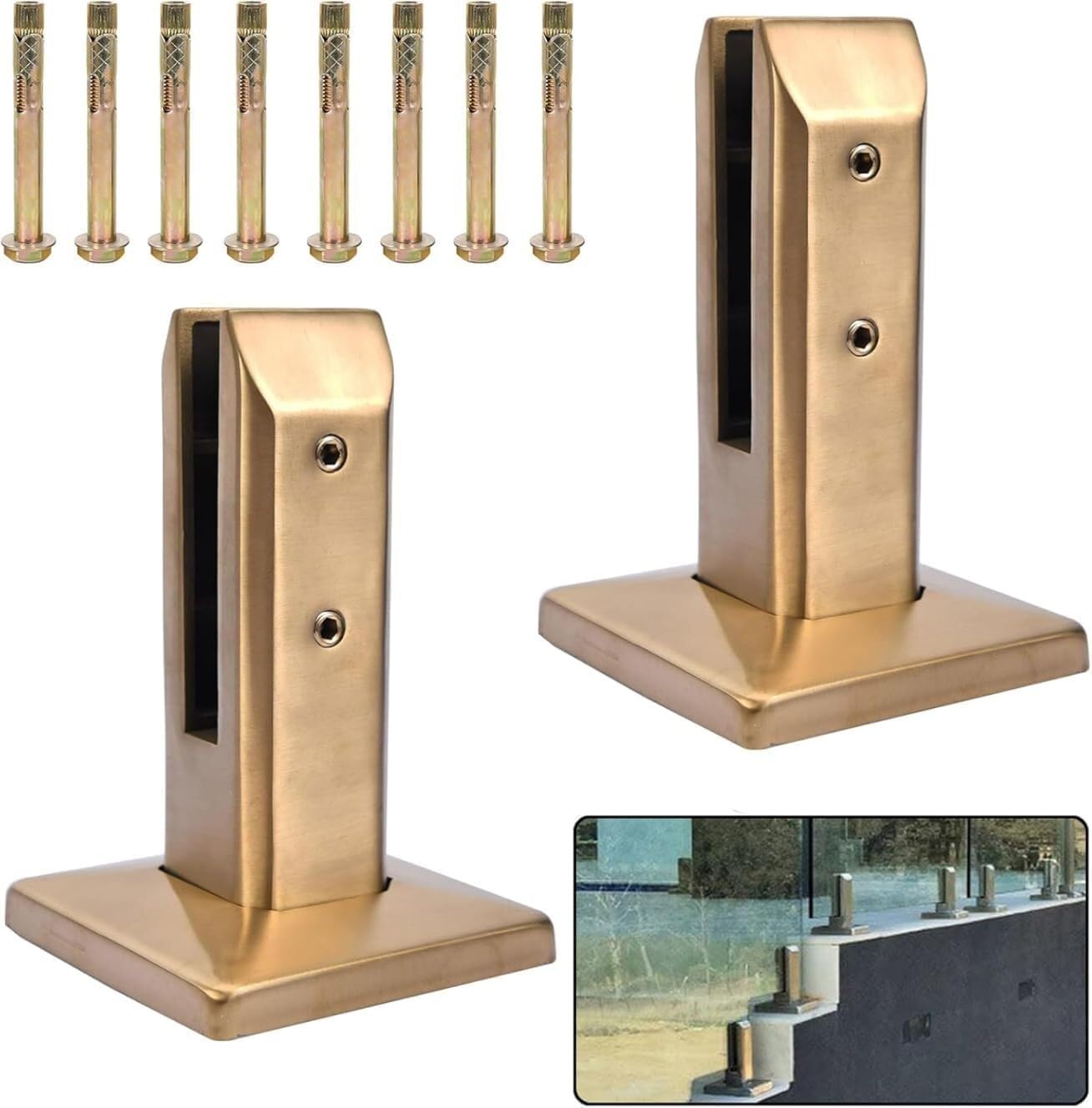 Jvfbjlf Gold Glass Pool Fence Spigot Glass Railing Spigot Railing Clip Brackets For Deck Balcony Glass Railing Stainless Steel Glass Clips(2 Pieces 200Mm)