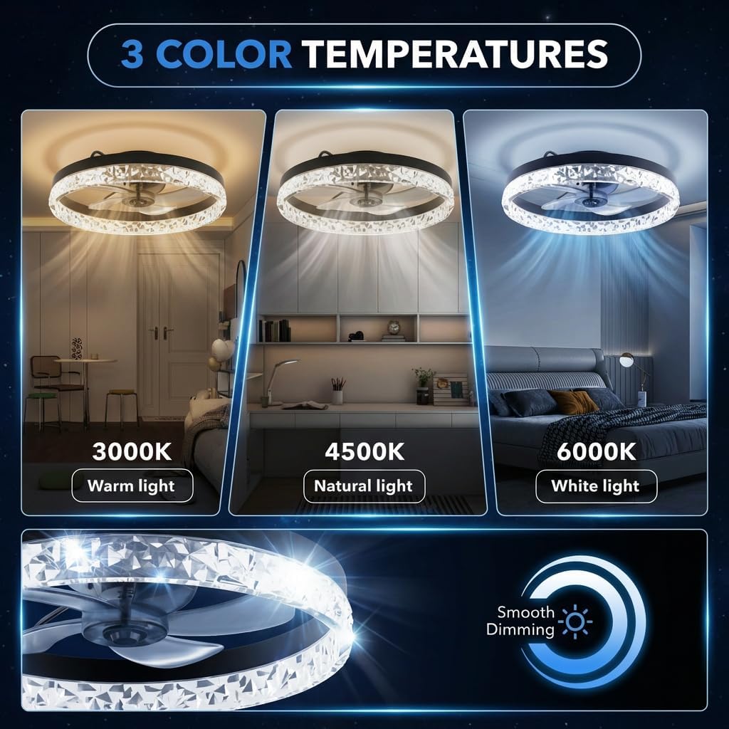 InfiniPower Low Profile Ceiling Fans with Lights and Remote 20in Ceiling Fan with Light 3000-6000K Dimmable with 6 Wind Speeds Flush Mount Fandelier LED Fan Modern Smart for Bedroom, Crystal