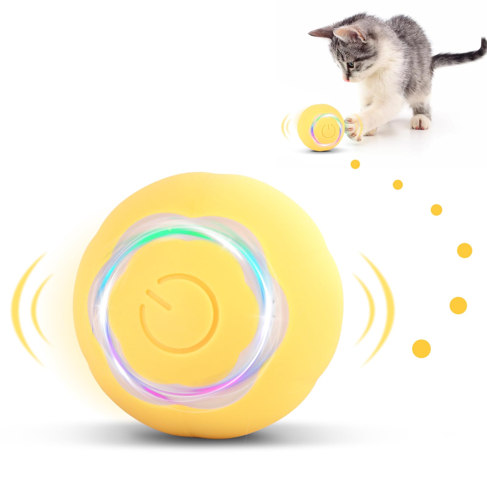 KEWUZY Katzenspielzeug Elektrisch Katzenball mit LED Licht,360-Grad-Ball Automatischer Modellierung von Katzenpfoten Interaktives Katzenspielzeug USB Wiederaufladbarer für Katzen (Gelb)
