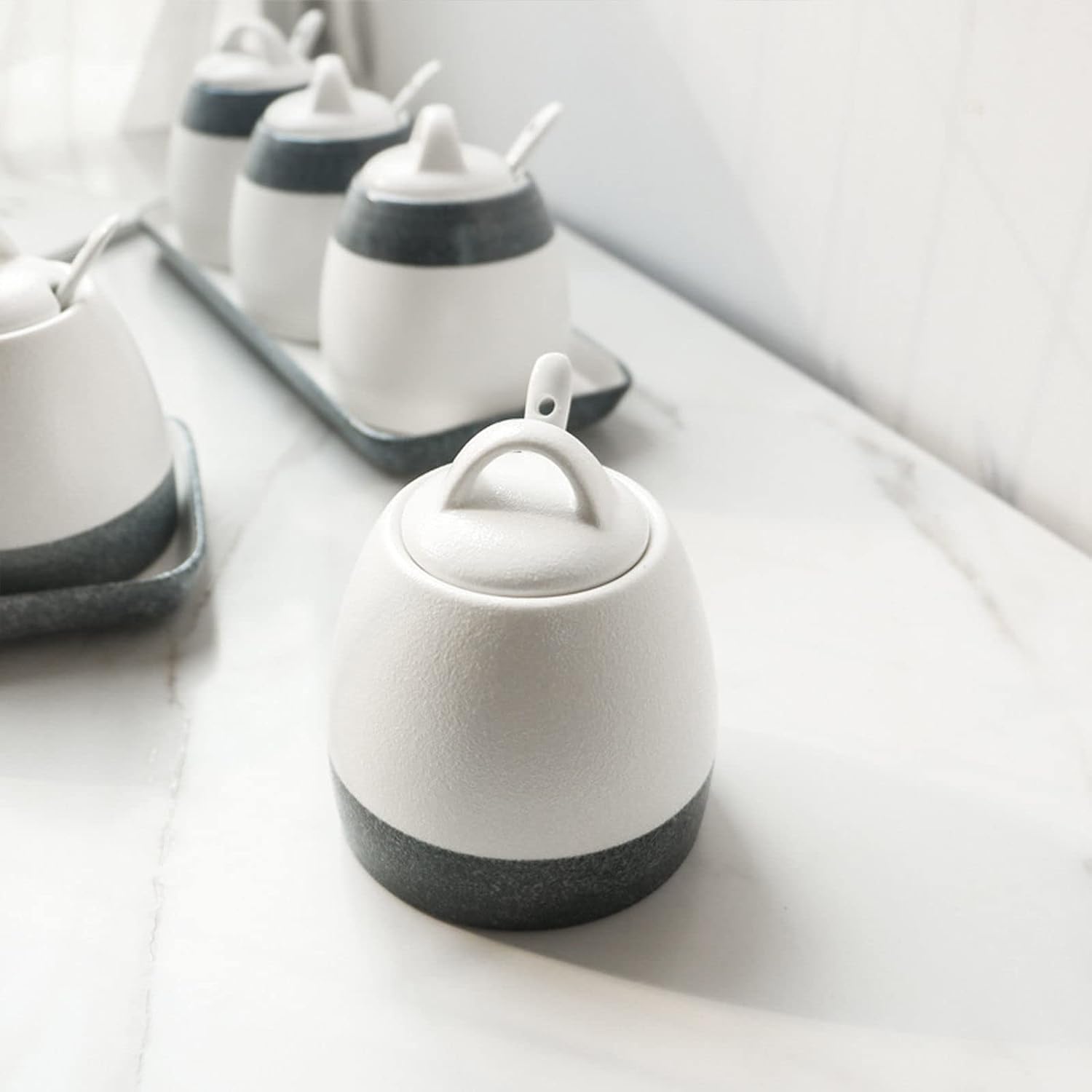 Sugar Bowl,Japanese Sugar Bowl with Lid, Ceramic Sugar Pot, Zephyr Coffee Accessories, Sugar Pourer, Kitchen Storage-Blue and White B-3 Set (Color : Blue and White a) ( Color : Blue and White a )