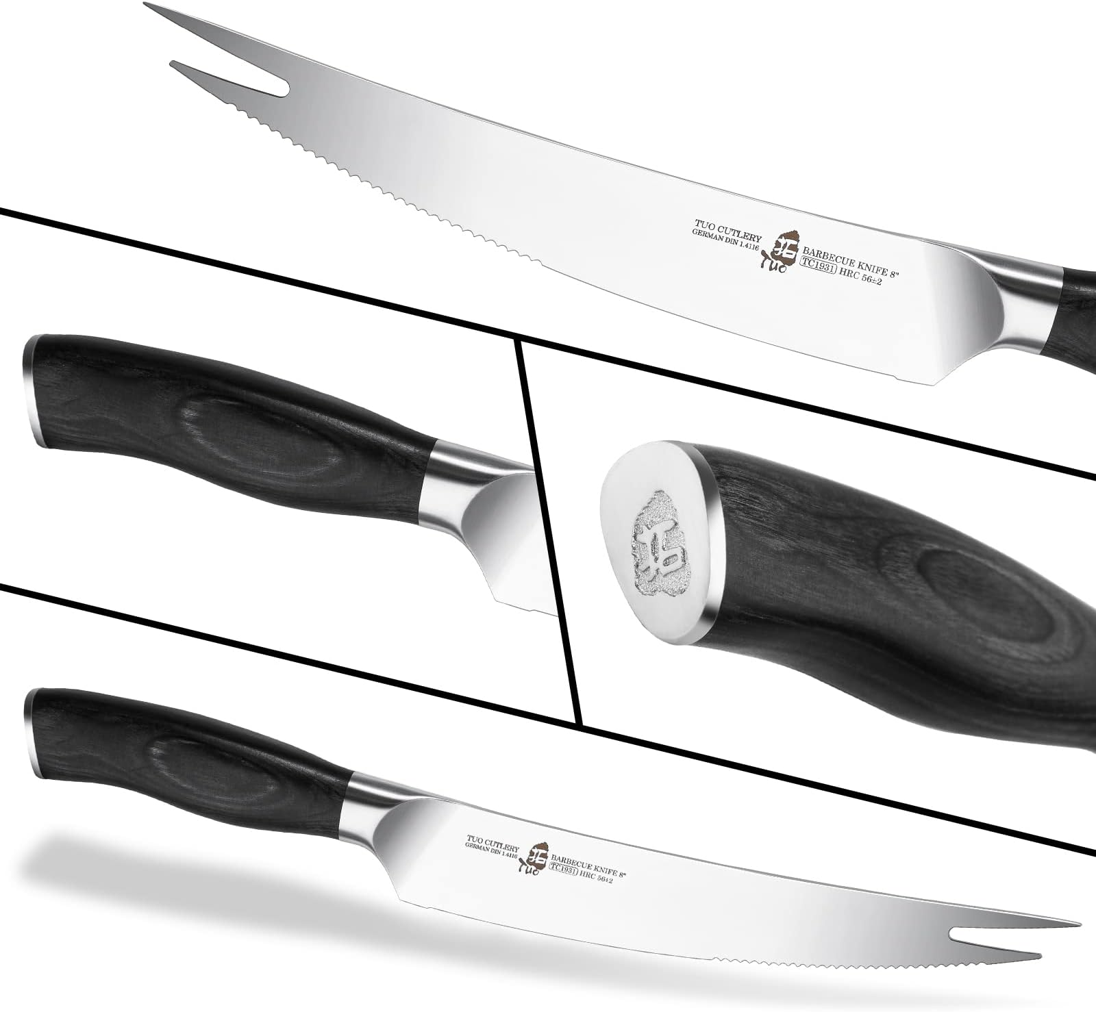 TUO BBQ Knife, 8 inch Roast Cutting Knife with Fork Tip for Grilled Meat Cutting, Serrated Edge, High Carbon German Steel, Comfortable Pakkawood Handle