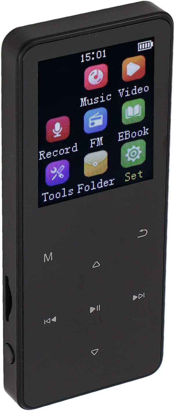 Angled view of the ASHATA MP3 Player showing the screen and side buttons
