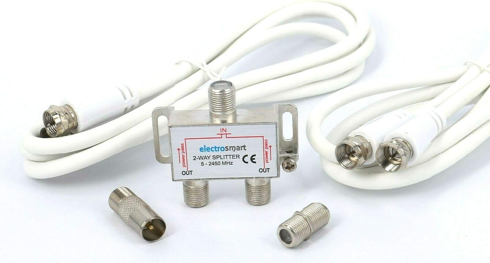 electrosmart 2 Way Splitter Kit suitable for Freeview Aerial or Cable TV or Broadband - Includes F Type 2450MHz Splitter 2 x White 1.5m Cables and Connectors