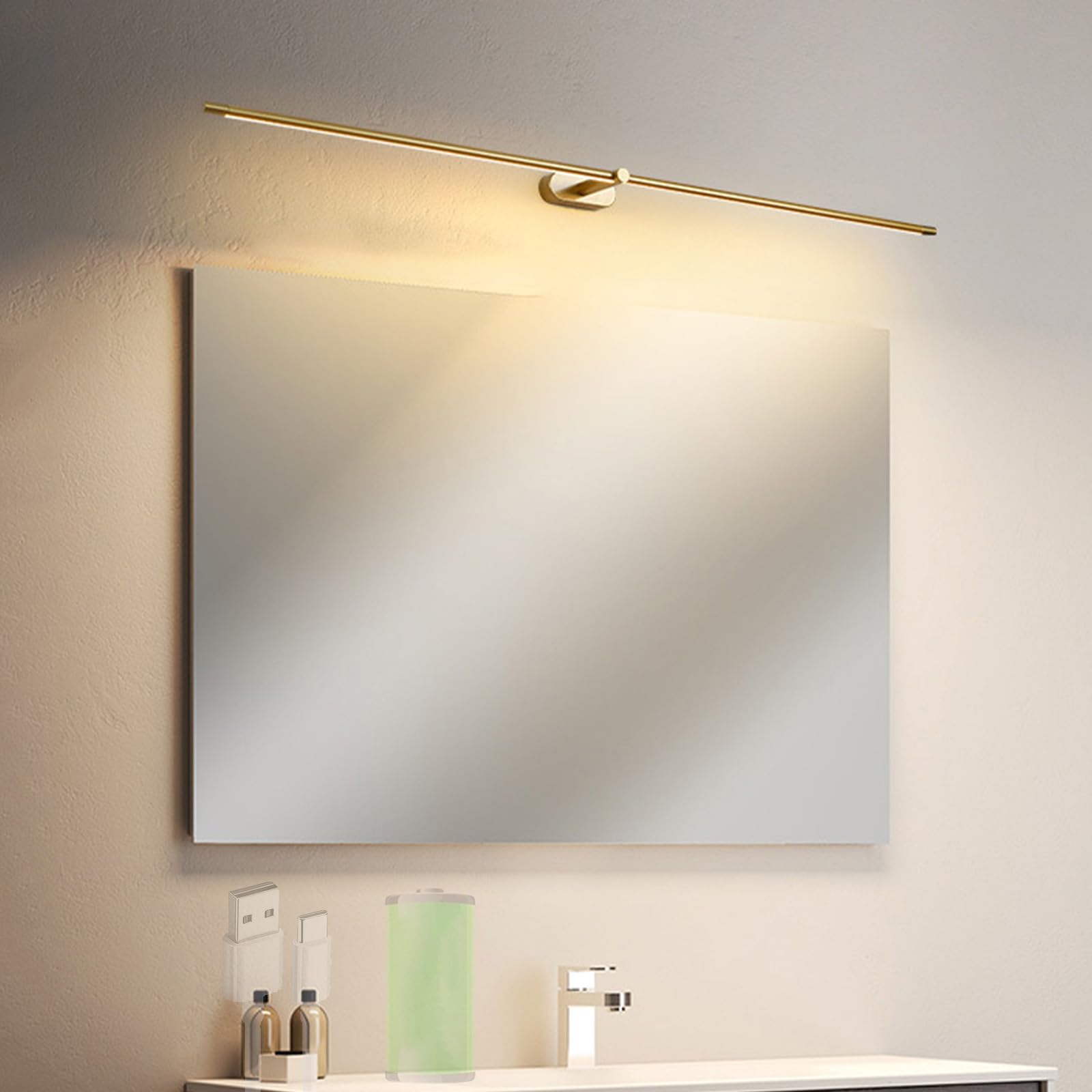 TZSMUM LED Rechargeable Mirror Lights Wall Lamps Battery Operated Bathroom Wall Sconce with Touch Control Modern Long Strip Wall Lights for Mirror Vanity Living Room Bedroom (Gold Warm Light,128cm)
