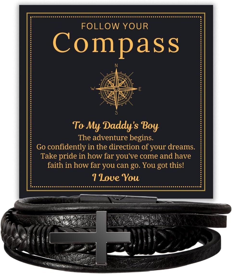 To My Daddy's Bois Leather Cross Bracelet For Men Him - Go Confidently In The Direction Of Your Dreams - Motivational Gradution Christmas Birthday Gifts Box Message Card