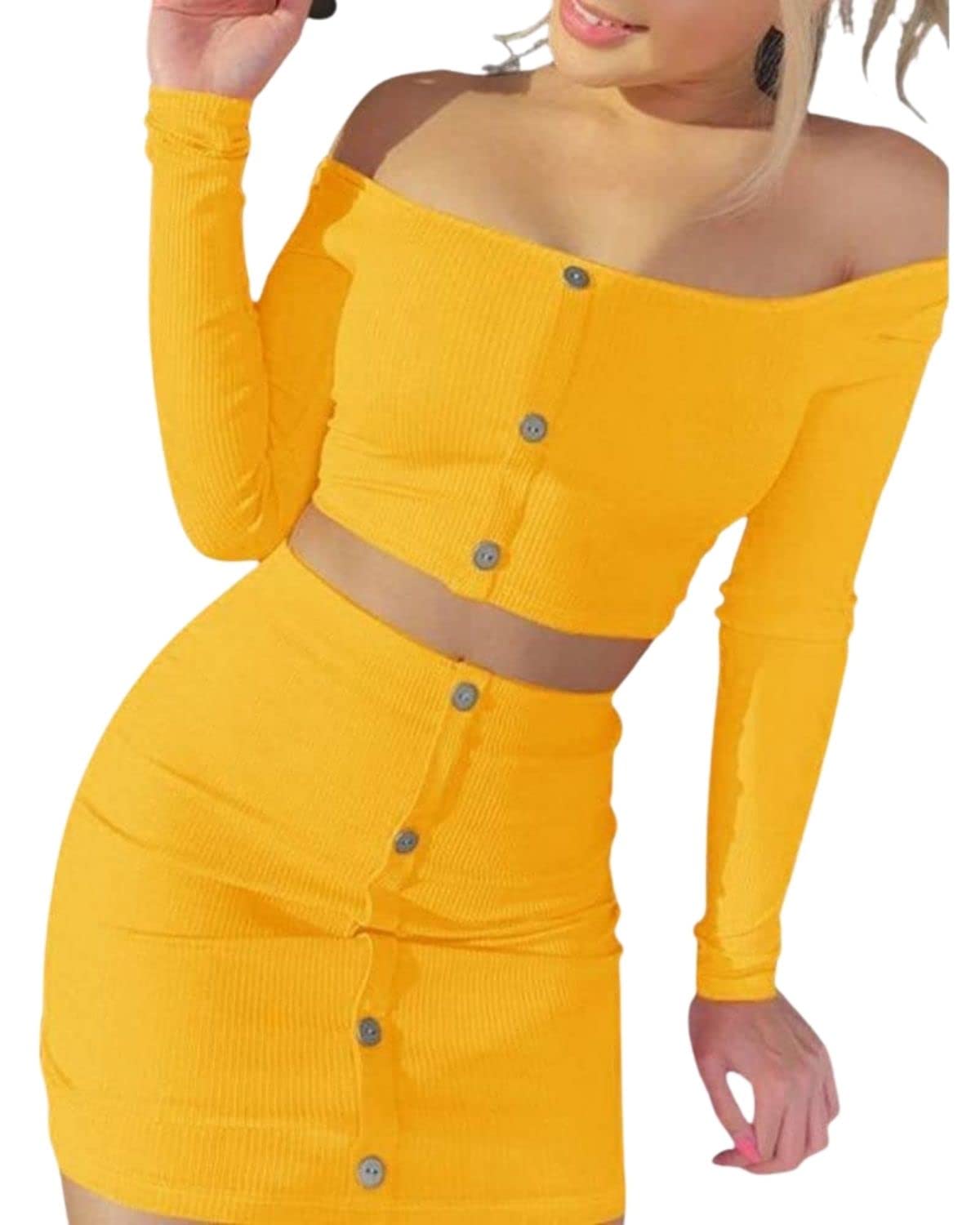 Women's Polyester Slim Fit Casual Solid Off Shoulder Button Skirt Outfits Set of 2| Size-2XL | Color-Yellow-image-46