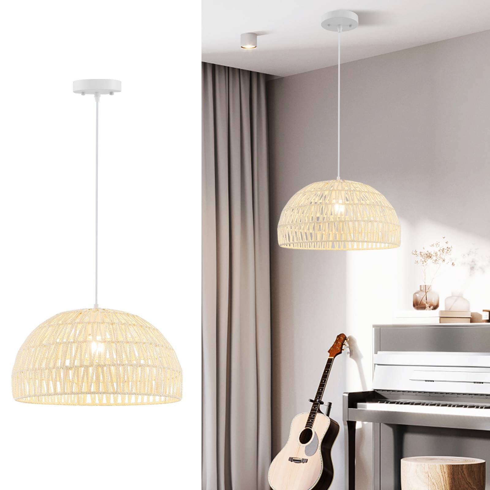 COSTWAY Paper Pendant Light Fixture, Hand Woven Hanging Lamp with Adjustable Hanging Rope, Available for E27 Bulbs, Round Chandelier Ceiling Light for Bedroom, Kitchen, Living Room (44x44x25cm)